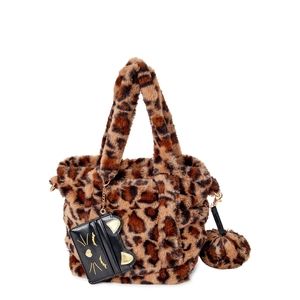 NEW Leopard Kitty Vegan Fur Handbag Wallet Pom Pom Keychain 3pc Set